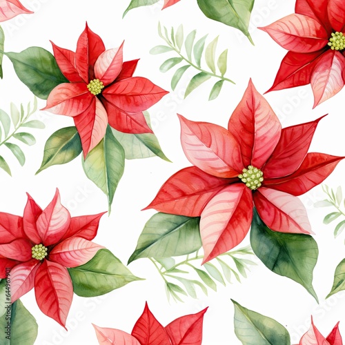 Watercolor poinsettia flower pattern. Christmas pattern background. Generative AI