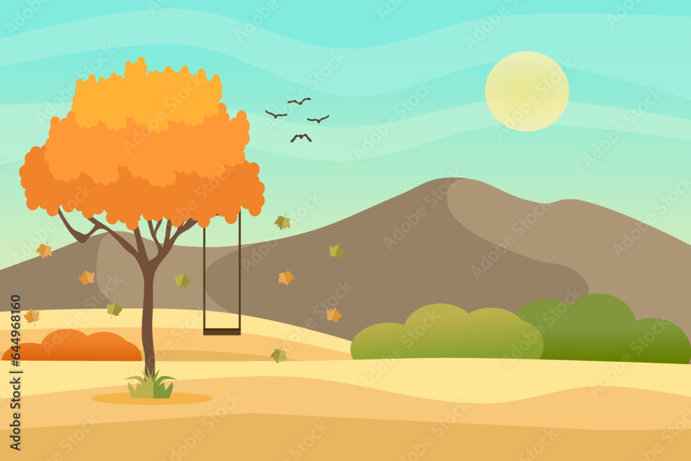 Autumn landscape with a tree and swing, mountains, fields, leaves. Countryside landscape. Autumn background. Vector illustration