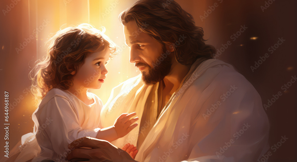 Jesus christ and happy children - obrazy, fototapety, plakaty 