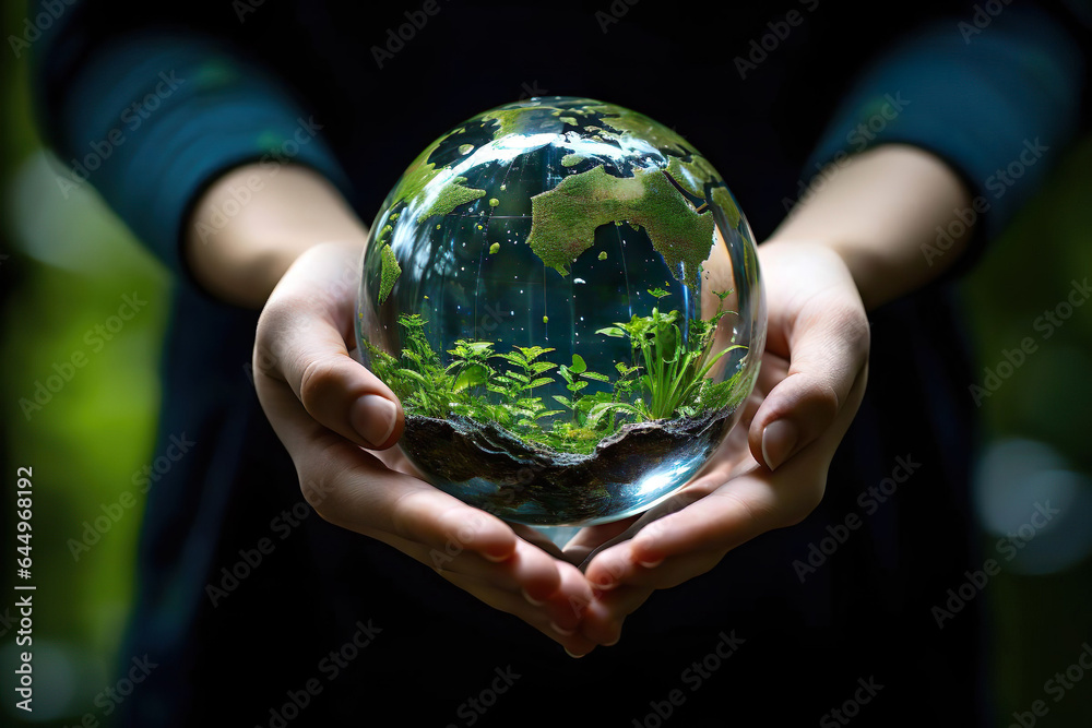 Human hand holding glass ball with tree inside. Natural earth map protecting environment in the grass with green bokeh background. Save and clean green planet. World ecology concept. World earth day. Human hand holding glass ball with tree inside. Natural earth map protecting environment in the grass with green bokeh background. Save and clean green planet. World ecology concept. World earth day.