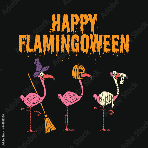 happy flamingoween cartoon vector illustration, perfect for sticker poster, tshirt and merchandise