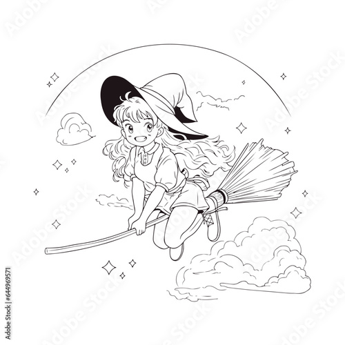 Cute anime witch flying on broomstick. Black and white vector illustration.