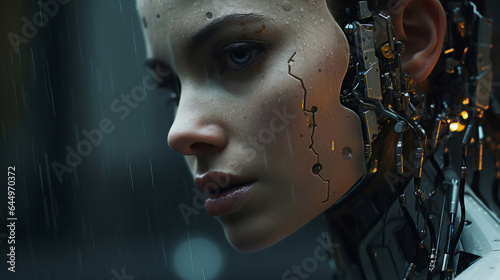 Close up of futuristic, robotic humanoid. Human face with mechanical sci-fi dystopia.