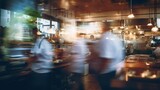 crowded restaurant with people dining and waiters, bartender and chefs working, blurred motion, generative AI