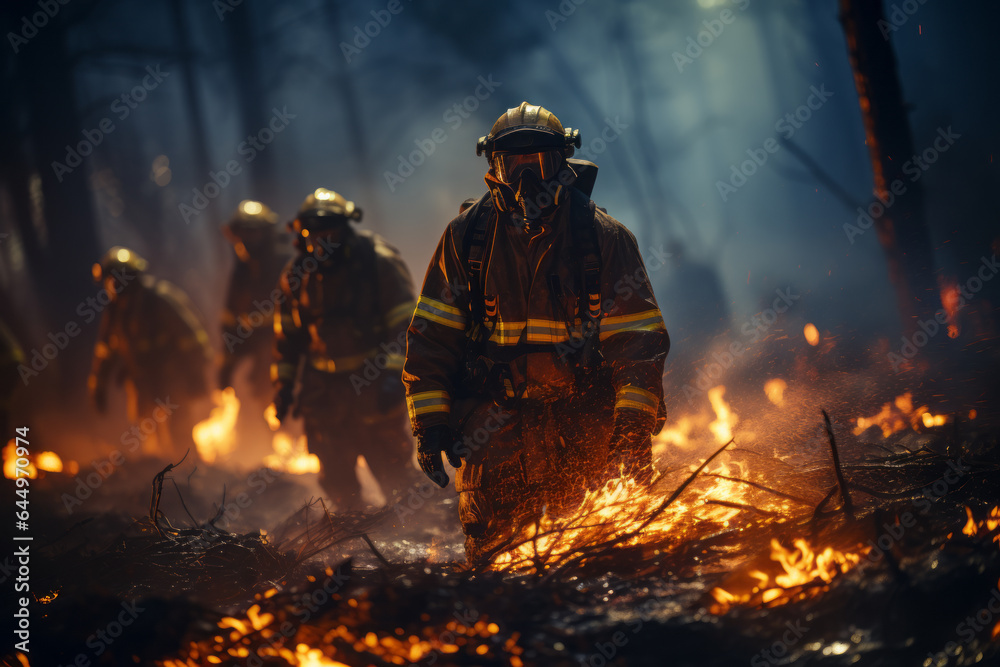 Strong fire in the forest, firefighters put out the fire. Catastrophe. Space for text Strong fire in the forest, firefighters put out the fire. Catastrophe. Space for text
