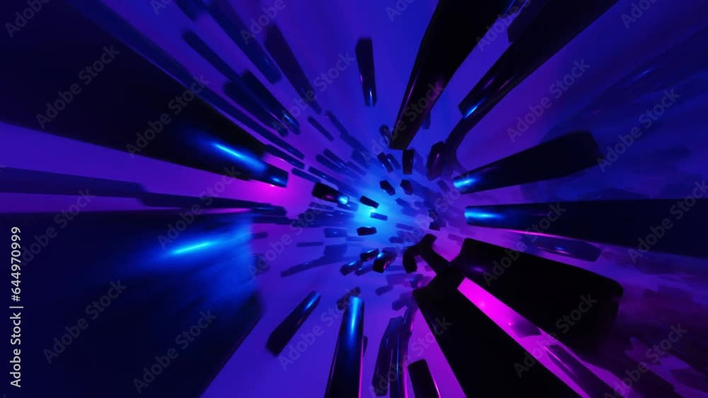 Ultraviolet tunnel. Hi-tech neon sci-fi tunel. Trendy neon glow lines form pattern and construction in mirror tunnel. Fly through technology cyberspace. 3d looped seamless 4k bright youth background.