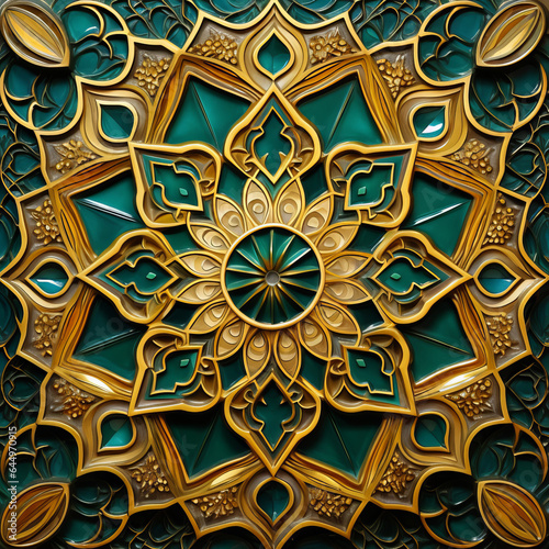 Geometric traditional Islamic ornament. Fragment of a ceramic mosaic.Abstract background. Green and gold.