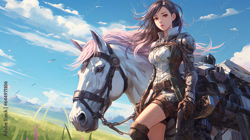 Naklejka premium anime warrior girl, a riding a horse 1 , AI Generative