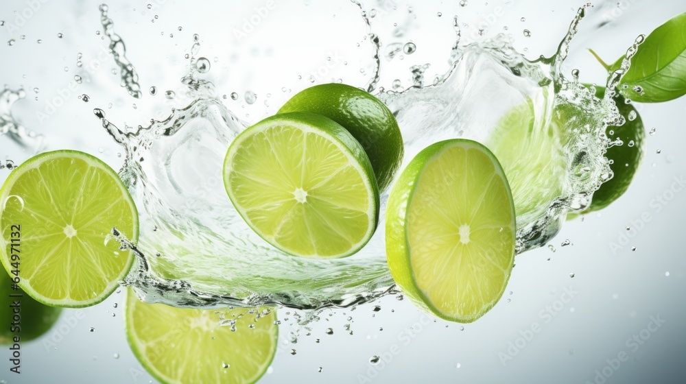Photo of a refreshing splash of water on a vibrant group of limes created with Generative AI technology Photo of a refreshing splash of water on a vibrant group of limes created with Generative AI technology