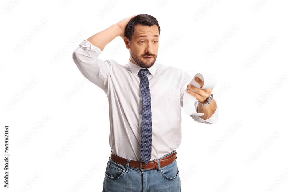 Shocked man with a bill holding his head in disbelief Shocked man with a bill holding his head in disbelief