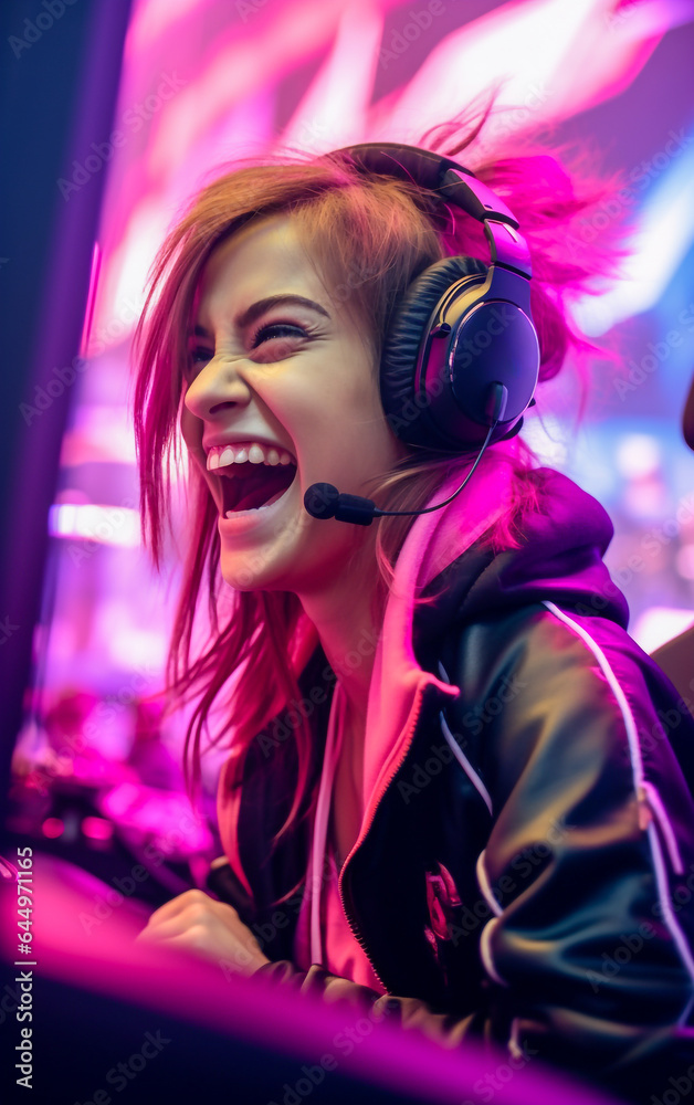 A crazy and funny looking e-sport female player laughs out loud