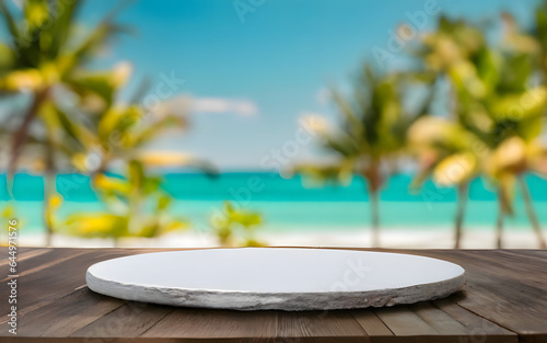 white marble podium with against sea tropical island with palm on blue sky background for product display presentation, promotion sale, banner, presentation, cosmetic, copy space. © FutureStock