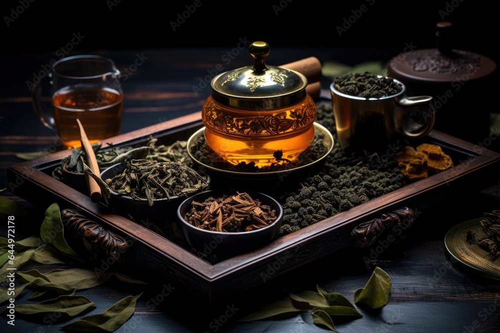 table for tea ceremony with tea. - obrazy, fototapety, plakaty 