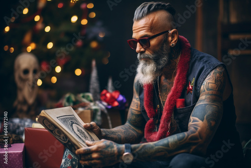 Generative ai tattooed hipster bearded adult man at home unwrapping gift