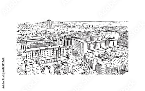 Building view with landmark of Rostock is the city in Germany. Hand drawn sketch illustration in vector.