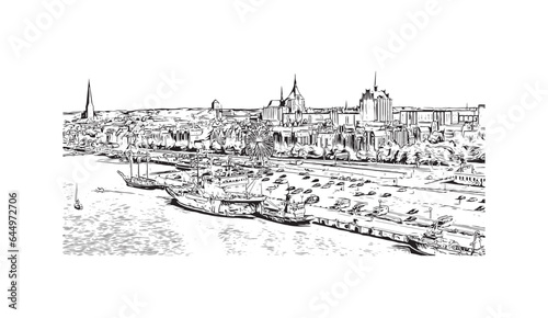 Building view with landmark of Rostock is the city in Germany. Hand drawn sketch illustration in vector.