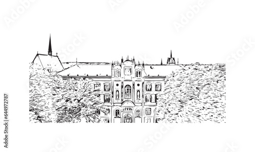 Building view with landmark of Rostock is the city in Germany. Hand drawn sketch illustration in vector.