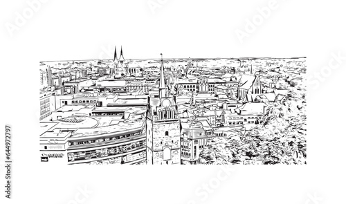 Building view with landmark of Rostock is the city in Germany. Hand drawn sketch illustration in vector.