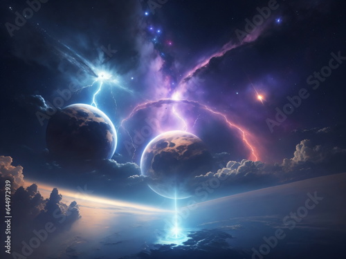 A majestic view of the universe, planets connected by electric flashes of lightning, illuminated by a mysterious background.
