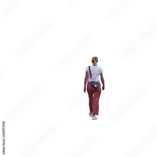 Femme vue de dos qui marche, sur fond transparent. 