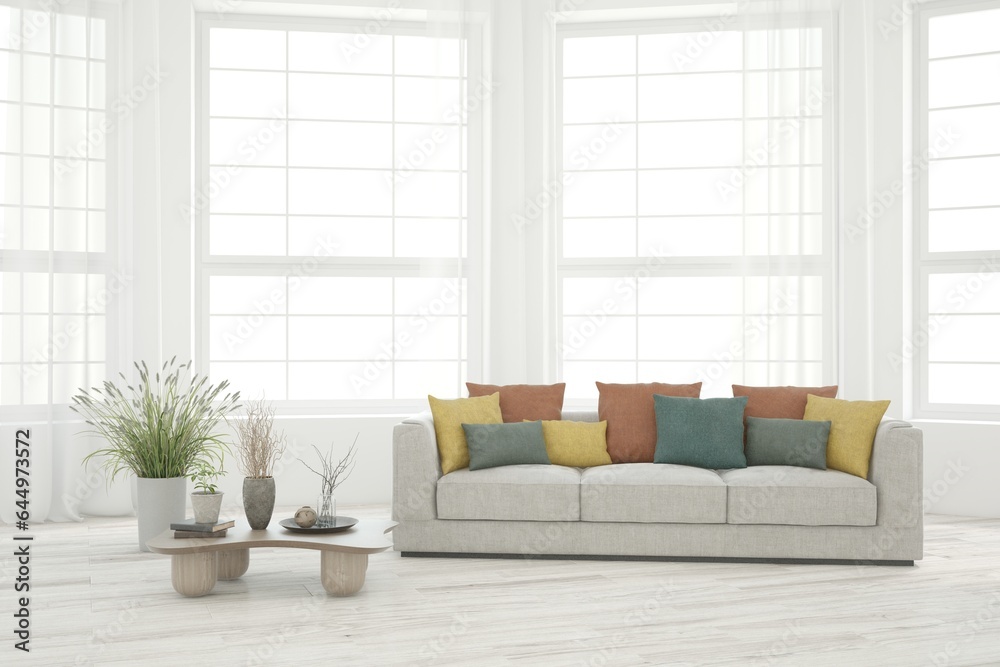 Fototapeta premium White modern interior design with sofa. Scandinavian interior design. 3D illustration