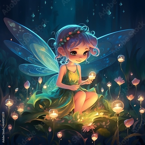 Pixie Fairy with Glow Wings Sitting on the Forest Ground with Light Calm Scene