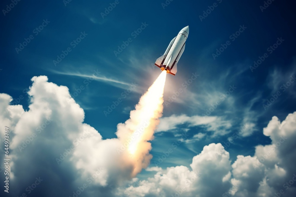 Rocket flying through sky. Generative AI
