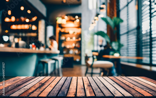 Empty wooden table in front of blurred restaurant background with bokeh lights