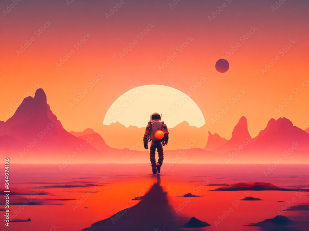 An astronaut walking in alien planet, walking towards the horizon, sunset in a fantasy world, minimalistic art