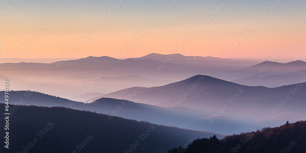 beautiful panoramic landscape with silent mountains in mist
