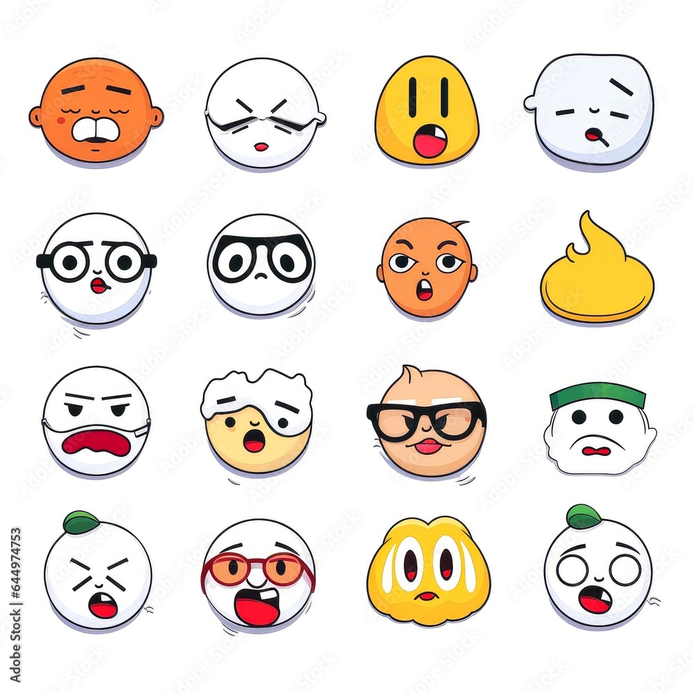 Set of cartoon faces expressions, face emojis, stickers, emoticons, cartoon funny mascot characters face set Set of cartoon faces expressions, face emojis, stickers, emoticons, cartoon funny mascot characters face set