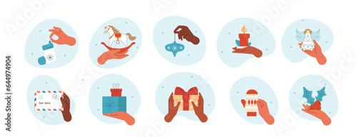 Hands gestures illustrations set. Characters hands holding seasonal gift boxes, presents and holiday decorations. Merry Christmas and Happy New Year concept. Vector illustration.