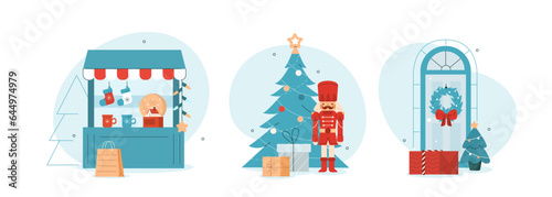 Winter holidays celebration concept. Scenes with seasonal souvenir kiosk, decorated Christmas tree, decorations and gifts. Vector illustration.