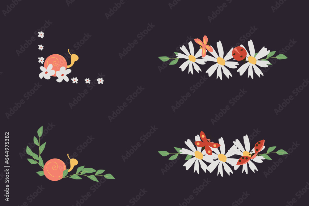 set of flower borders with cute animal, insects