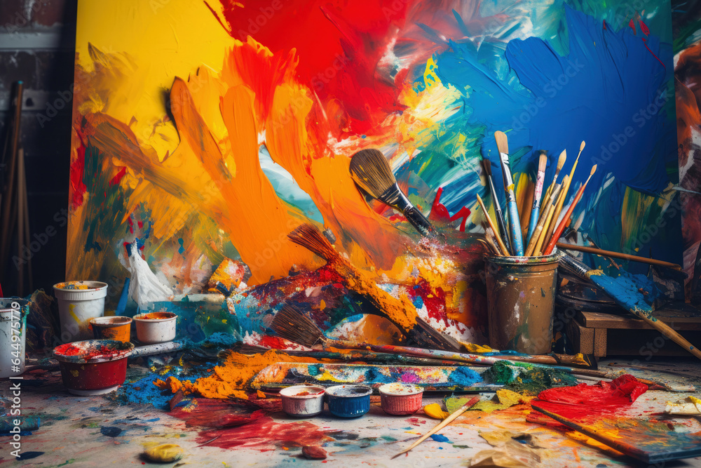 Abstract painting depicting an artist's workspace with tools, presented in playful color fields and conceptual designs