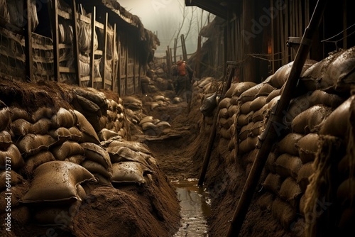 Trenches fortified with sandbags in the Belgian trench system during World War I. Generative AI © Yana