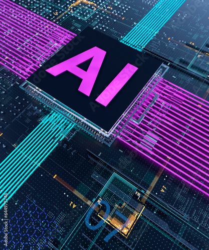 AI processor and circuit board concept with bright colours showing data transfer 3d render