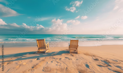 Tropical landscape with sun beds of the beach. Vacation on a beautiful island. For banner, postcard, book illustration. Created with generative AI tools