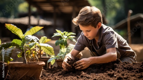 Little boy planting a small tree in a garden.