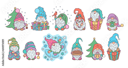 Big Christmas gnomes set pastel colors. Alternative Christmas palette bright vibrant muted colors. Fun gnome collection Xmas vector illustration. Festive holiday winter gnomes clipart for cute print.