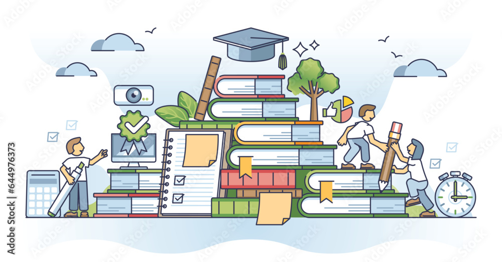 Continuous learning and skill upgradation with academic study outline concept. Upgrade your knowledge lifelong with book reading or courses vector illustration. Cognition process for self development - obrazy, fototapety, plakaty 