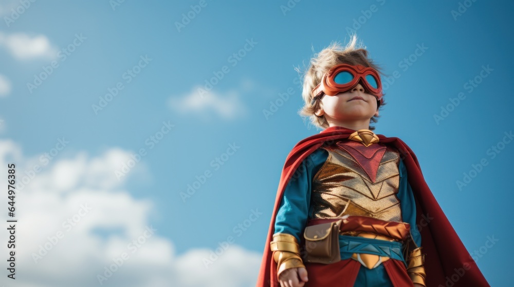 Little boy wearing a superhero cape and mask.