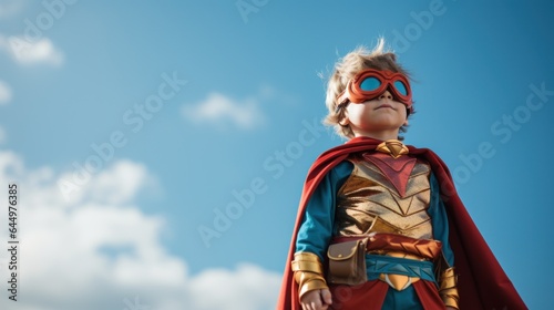 Little boy wearing a superhero cape and mask.
