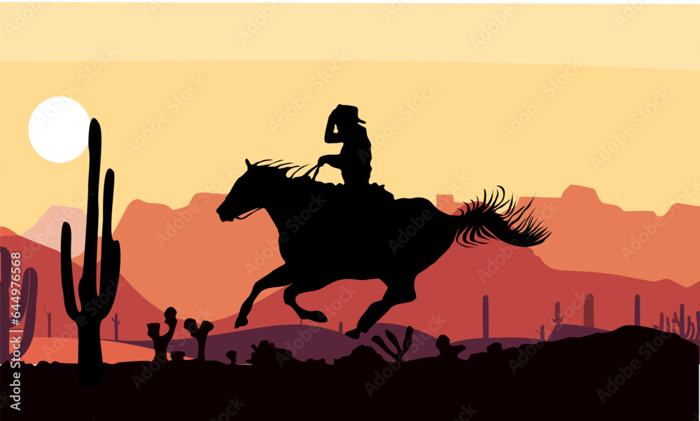 Cowboy riding horse silhouette with desert sunset landscape scene ...