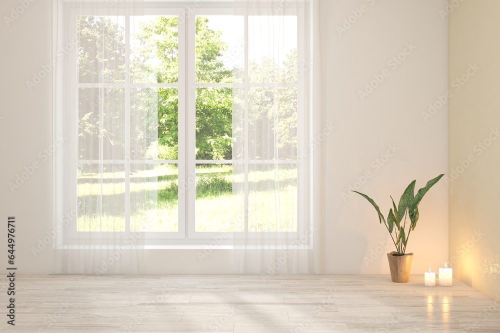 Fototapeta premium White empty room with summer landscape in window. Scandinavian interior design. 3D illustration