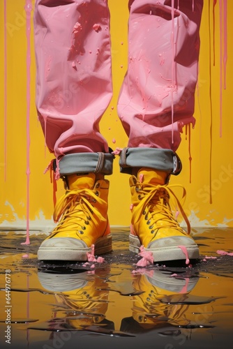 A yellow All-Star shoe paired with pink pants
