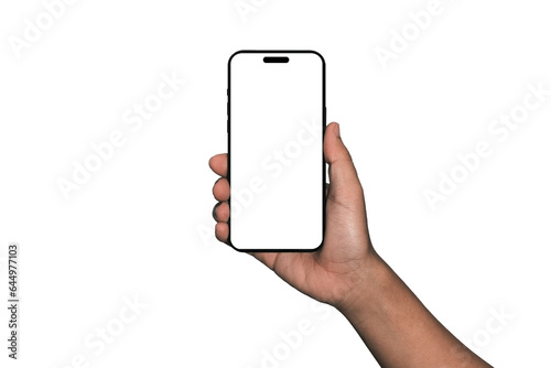 Smartphone similar to iphone 15 with blank white screen for Infographic Global Business Marketing Plan  mockup model similar to iPhone 15 isolated Background of digital investment economy