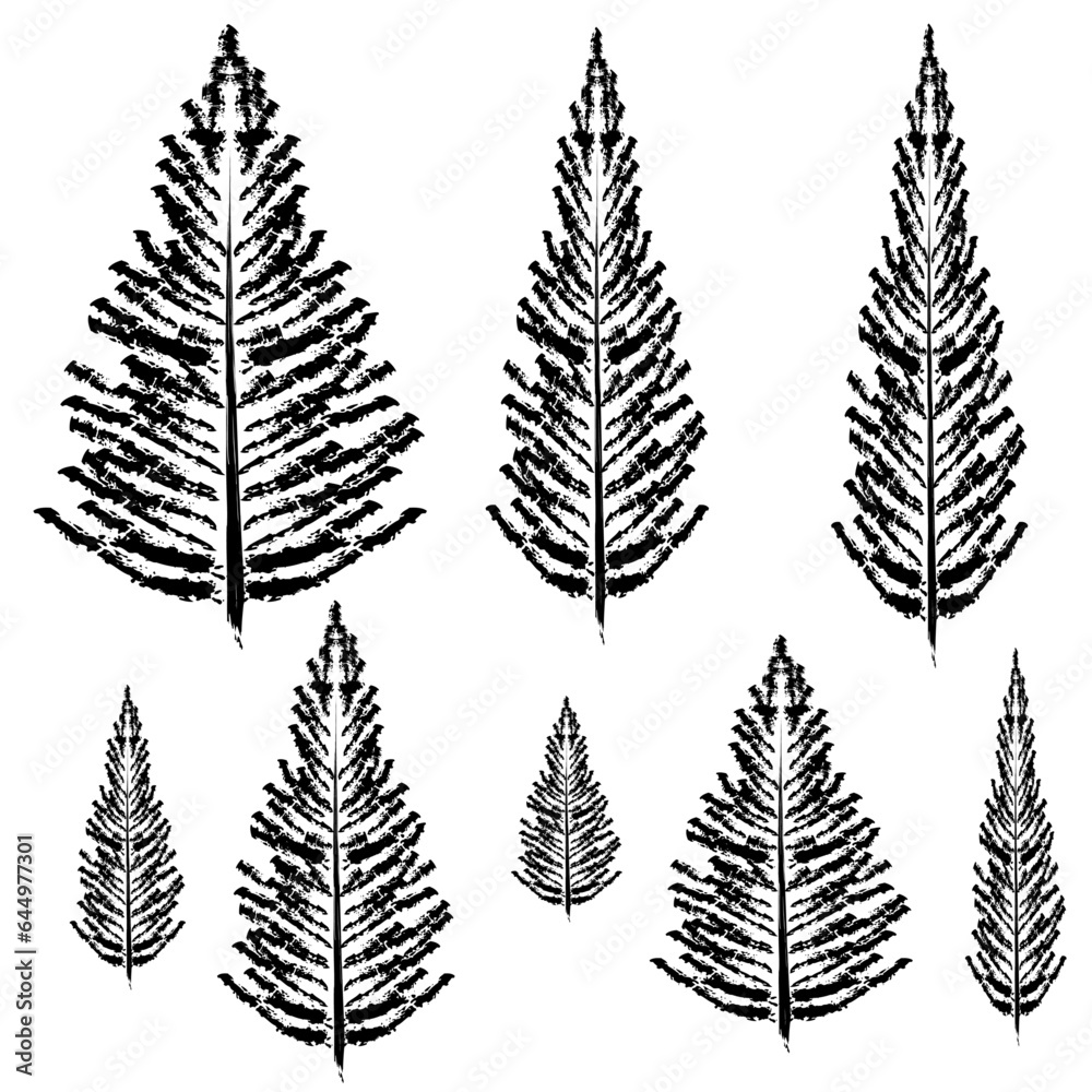 Naklejka premium Hand drawn forest pine trees black and white silhouette, Realistic Tree Vector, Tall Skinny and Wide Trees, Nature Vector