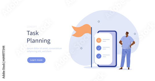 
Task management. Character organizing schedule and planning work and appointments. Organization concept. Vector illustration.