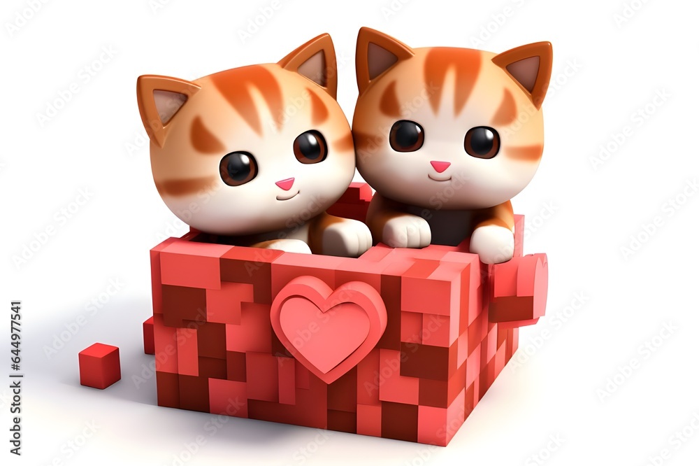 Two cute ginger and white kittens sat on a love heart block art box on a white background Two cute ginger and white kittens sat on a love heart block art box on a white background